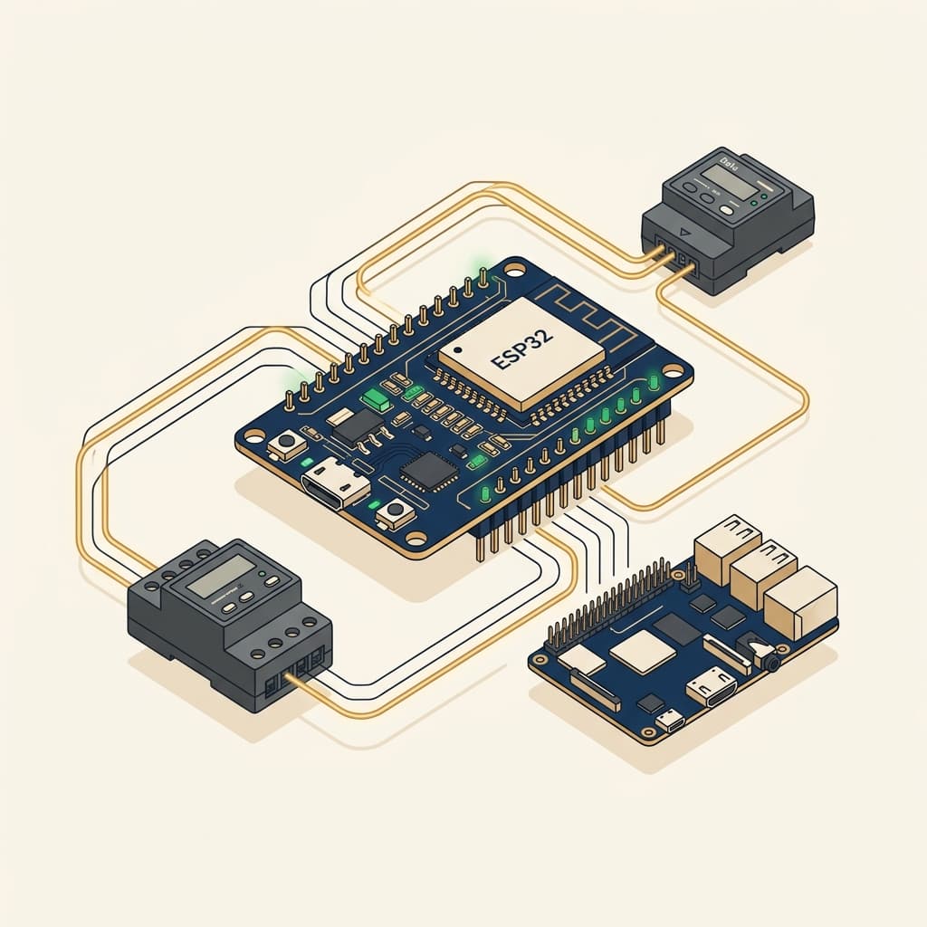 IoT Hardware — ESP32 modules with energy meters and Raspberry Pi gateway
